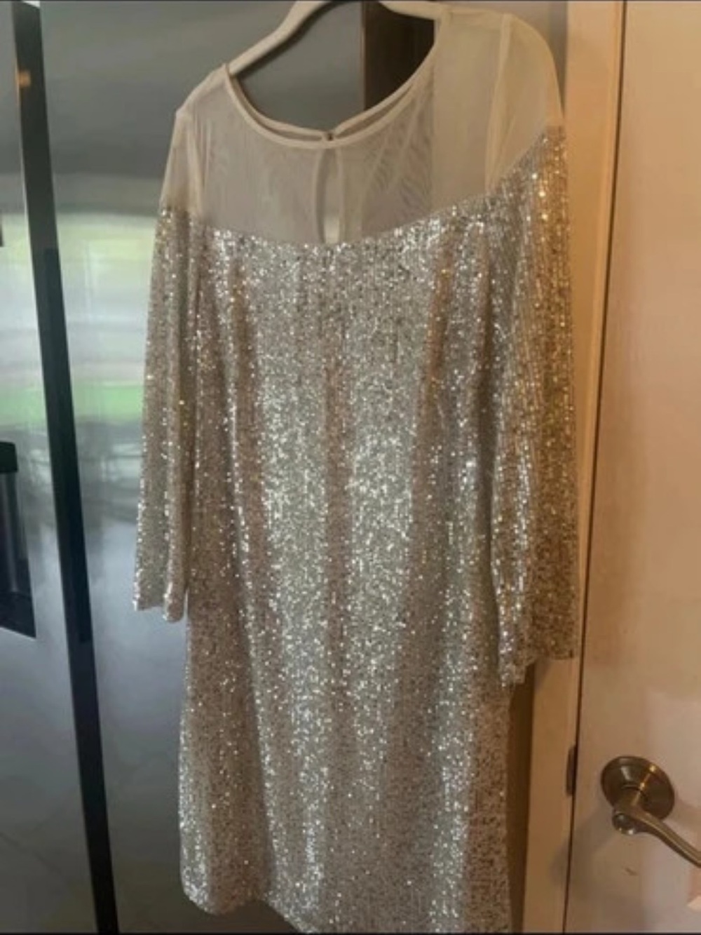 R&M Richards Silver Sequin Mesh Yoke Long Sleeve Dress